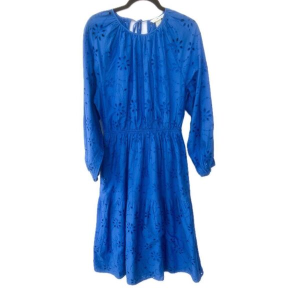 NWT H&M Blue Embroidered Eyelet Lace Long Puff Sleeve Open Back Midi Dress - Picture 3 of 14